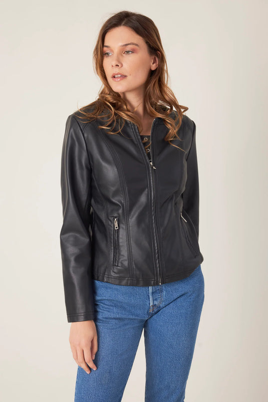 Ivy Faux Leather Jacket Round Neck