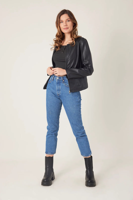 Ivy Faux Leather Jacket Round Neck