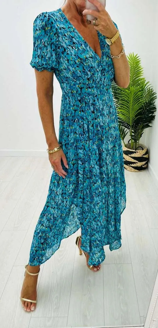 Emma Printed Midi Dress in Turquoise